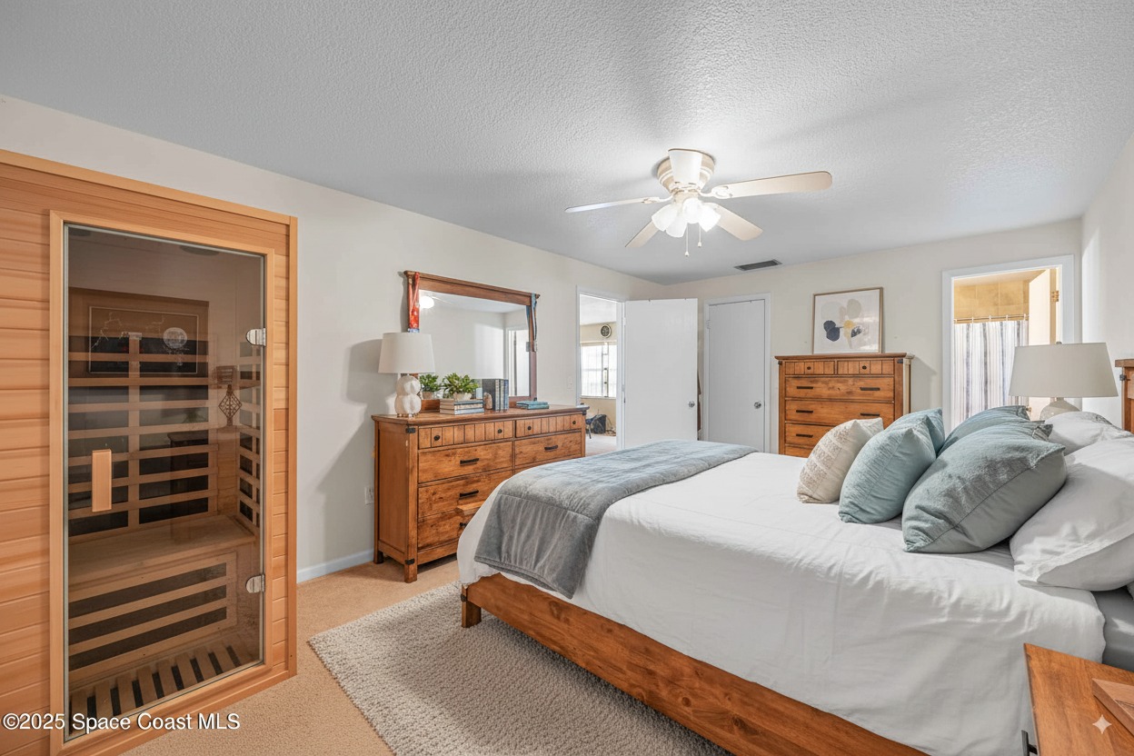 Staged bedroom with furniture and decor